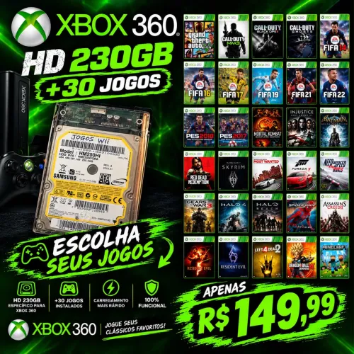 HD EXTERNO 230gb PARA XBOX 360 COM EXPLOIT COM MAIS DE 30 JOGOS !