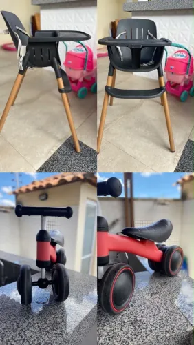 Cadeira para refeição infantil e bicicleta de equilíbrio