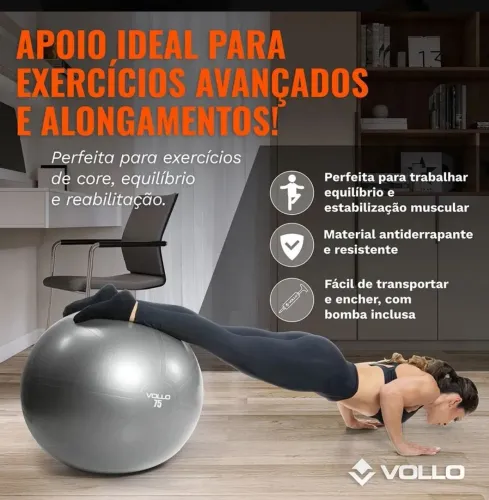 Bola Suíça VOLLO para Pilates e Yoga Gym Ball 75 cm com bomba, suporta até 300kgs.