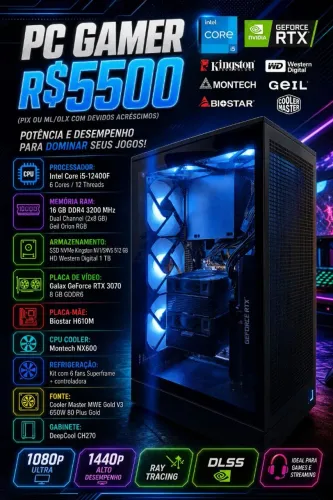 PC Gamer Core i5 12400f 16gb Ddr4 3200MHz Rtx 3070 8gb NVME 512gb