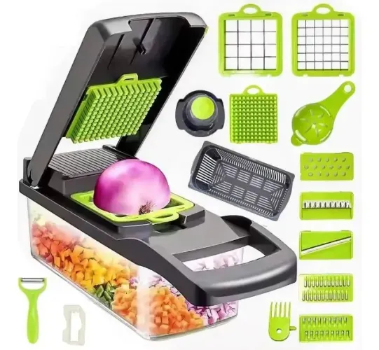 Cortador De Legumes Fatiador Ralador Mandolina Inox 13 Em 1 Preto Com Recipiente