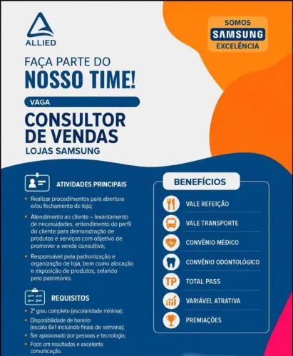 Vaga para consultor(a) de vendas - loja Samsung independência shopping