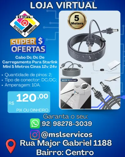Cabo DC/DC de Carregamento para Starlink Mini - 5 Metros | 12V / 24V | Cinza