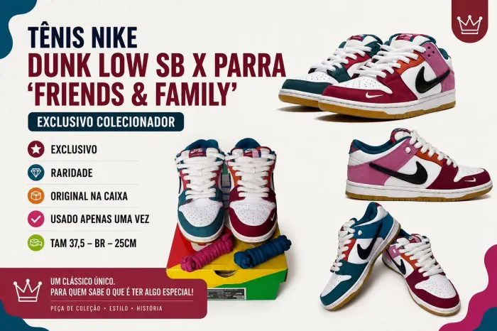 tênis nike dunk low sb x parra 'friends & family'- exclusivo colecionador