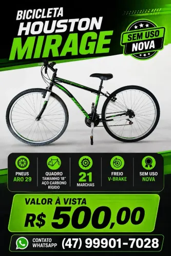 Bicicleta Aro 29 preta e verde - NOVA - Houston Mirage - 21 Marchas, Freio V-Brake