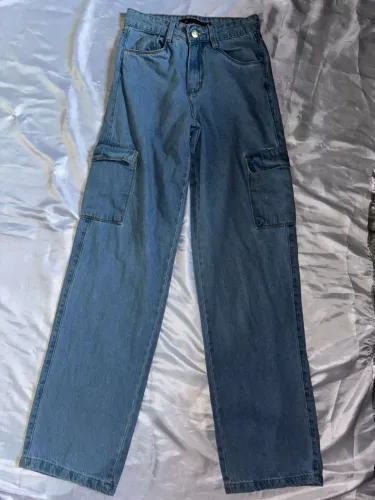 Calça Jeans Cargo Wide Leg Azul Clara