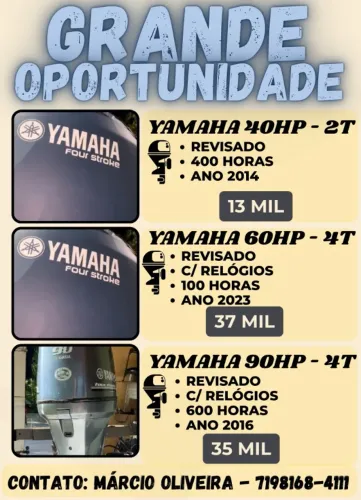 Venda Motores de Polpa Yamaha  40HP/60HP/90HP  2 Tempos e 4 Tempos 