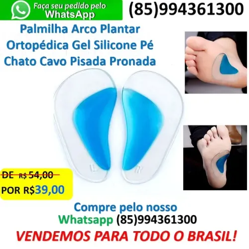 Palmilha Arco Plantar Gel Silicone Pé Chato Cavo Pisada Pronada
