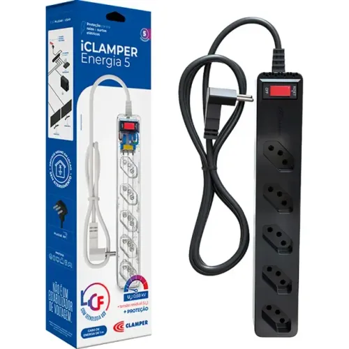 Filtro de Linha Clamper Preto 5 Tomadas Com Proteção DPS iClamper Energia 5 - WZetta