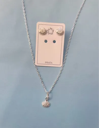 Conjunto colar e brincos concha Prata 925 legítima