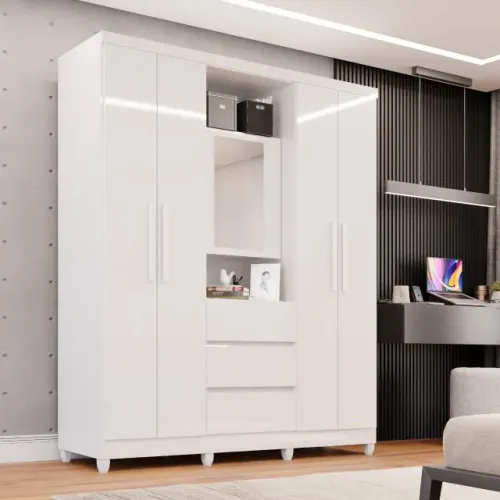 Roupeiro Capelinha Prime 5 Portas c/ Espelho Branco Frete Grátis - Até 12x