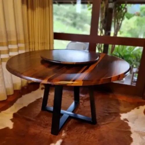 Mesa De Madeira Com Prato Giratório Para 6 Lugares 140cm Madeira De Demolição