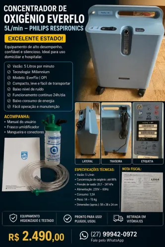 Concentrador de Oxigênio Philips EverFlo 5L/min Completo + NF