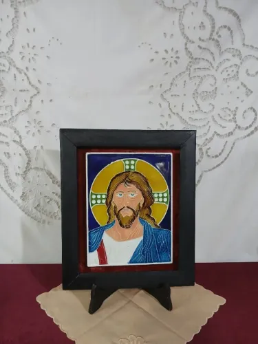 Antiga Quadro Com Placa Jesus Cerâmica Esmalta