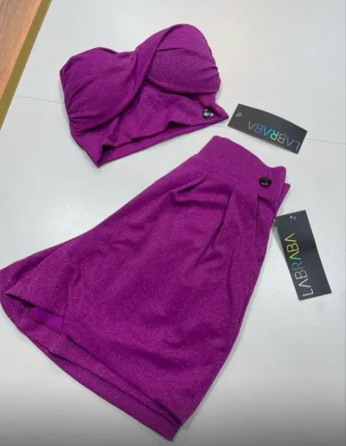 Conjunto cropped e short lurex brilhoso novo Labraba