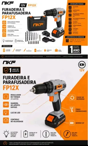 ? Furadeira e Parafusadeira NKF 12V FP12X - Nova Completa com Maleta e