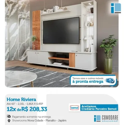 Home Riviera para TV até 60" Branco/Amadeirado | Pronta Entrega | Comodare