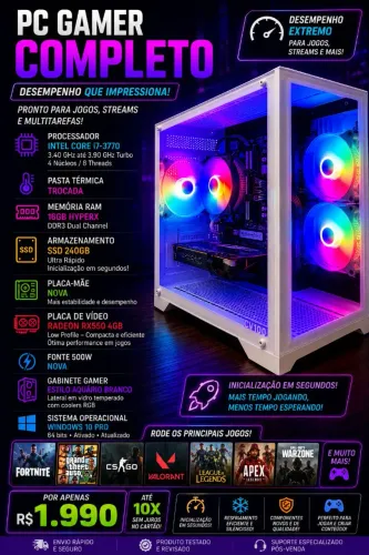 PC Gamer Aquário Branco i7 16GB RX 550 SSD + Monitor, Teclado e Mouse (10x s/ Juros)