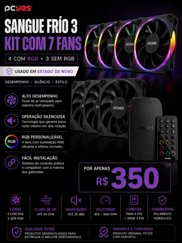 Kit 7 Cooler/ventoinha + Controladora Argb 120mm Pcyes Sangue Frio 3 LED RGB
