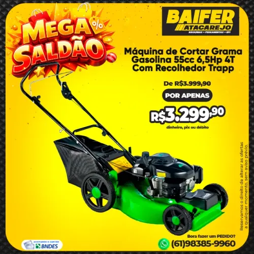 Máquina de Cortar Grama Gasolina 55cc 6,5Hp 4T Com Recolhedor Trapp