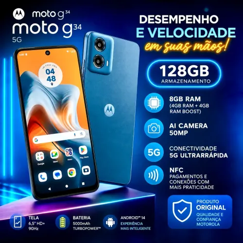 Motorola Moto G34 128GB 5G Tela 6,5" Câmera Dupla 50MP Selfie 16MP Dual Chip Android 14