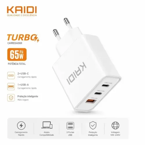 Carregador Turbo 65W KAIDI KD-665 com 3 Portas (USB + USB-C) - Carregamento Rápido PD e QC