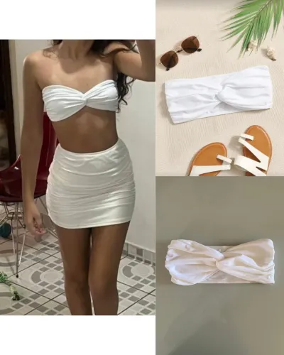  Biquini branco sem alça nó torcido tomara que caia moda praia verão 2026