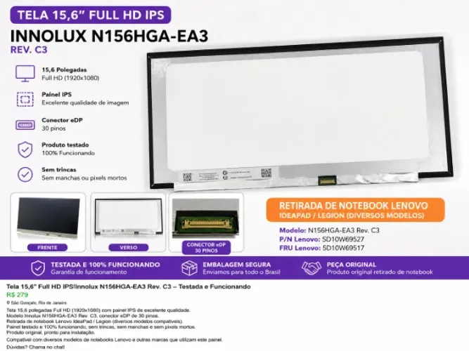 Tela 15,6" Full HD IPS Innolux N156HGA-EA3 Lenovo | Testada
