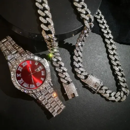 Kit Corrente Ice Cravejado + Pulseira + Relógio Masculino