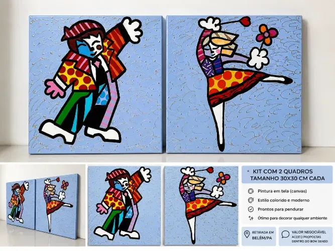 Kit 2 Quadros Decorativos Estilo Romero Britto 30x30 cm