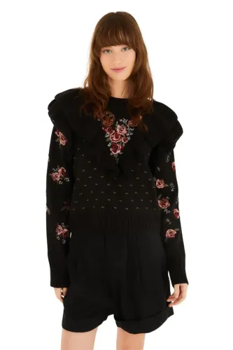 blusa de tricô farm babados bordada preta