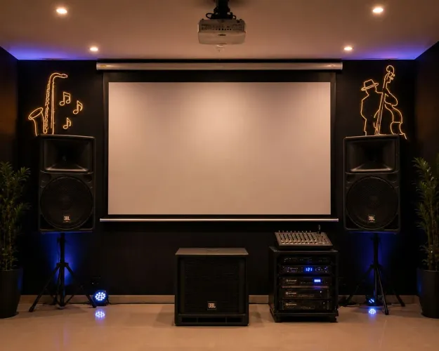 Sistema de som mais tela de projeção, com projetor aluguel para festas e eventos.