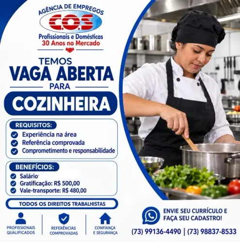 VAGA DE COZINHEIRA PARA ITABUNA