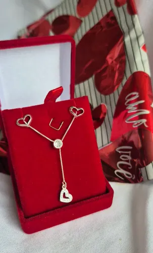 Conjunto Colar Gravatinha e Brincos Coração PRATA 925 DIA DOS NAMORADOS