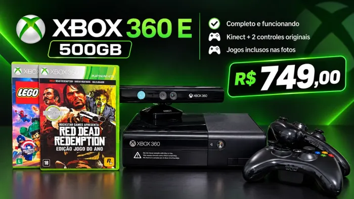 Xbox 360 E 500GB + Kinect + 2 Controles Originais