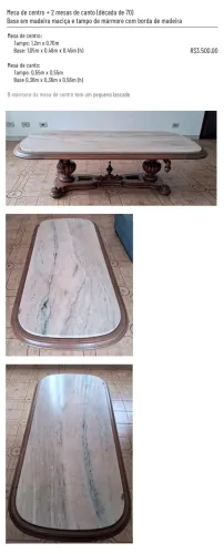 Mesa de centro + 2 Mesas de Canto - base em madeira maciça e tampo de mármore 