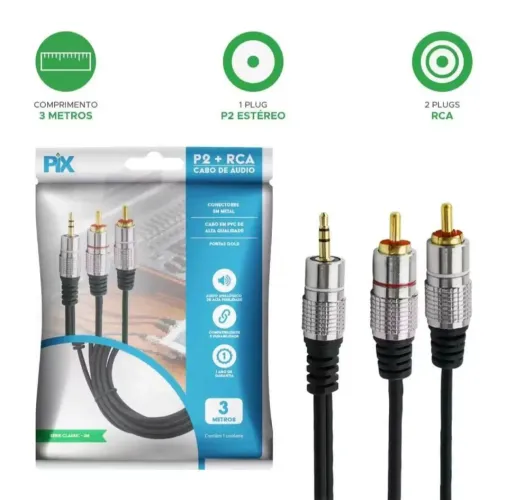 Cabo de Áudio P2 (3.5mm) para 2x RCA - PiX Série Classic - 3 Metros - Novo Lacrado