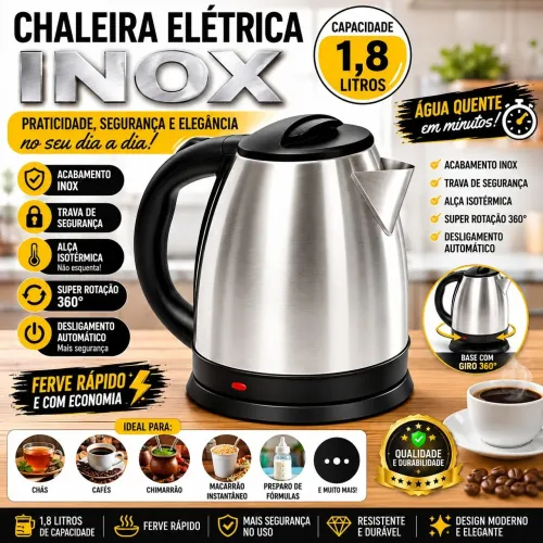 Chaleira Elétrica Jarra Inox 1,8L Bule 1200W desligamento Automático Base Giratória 360°