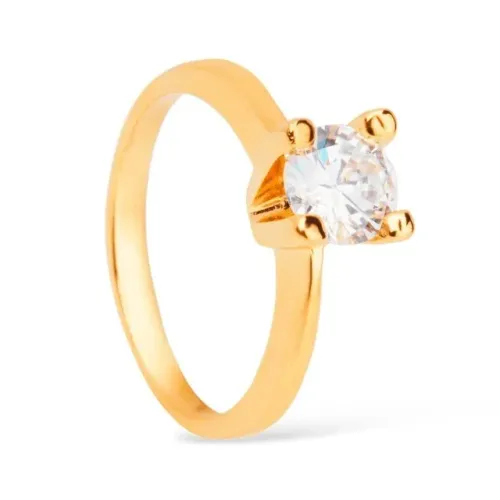 Anel Ouro Solitário com Pedra Zircônia Banhado Ouro 24k