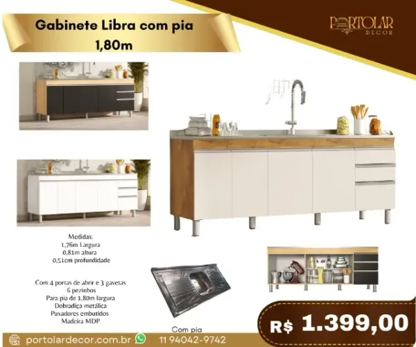 Gabinete Libra com pia 1,80m a pronta entrega