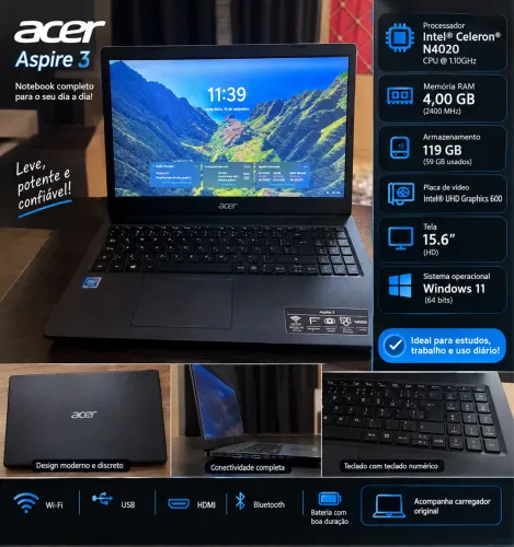Notebook Acer Aspire 3 15,6? - 4GB RAM - 119GB - Intel Celeron N4020