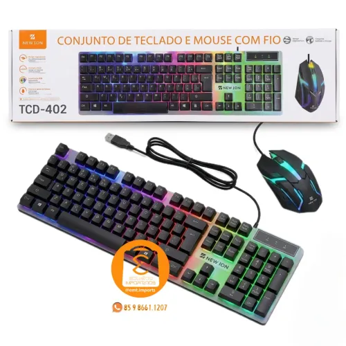 Kit Teclado e Mouse com fio USB e Luz Colorida Arco-íris, Resistente a Água, Gamer