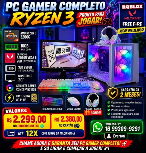 Pc Gamer completo Ryzen 3 16Gb + Ssd , Gabinete Gamer Novo 