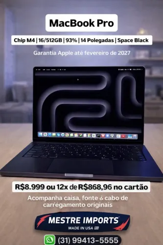 MacBook Pro Chip M4 . 16/512GB . 93% . 14 Polegadas . Space Black
