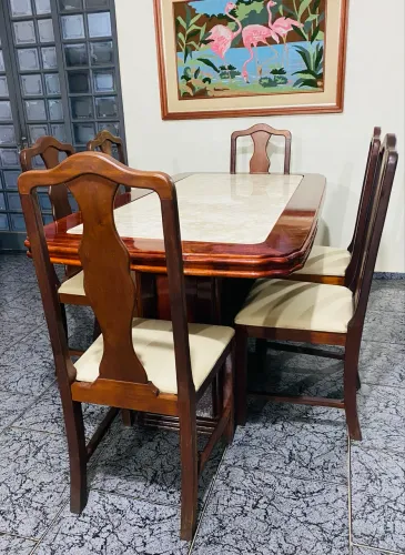 Mesa De Jantar 6 Cadeiras Madeira E Tampo Mármore Travertino