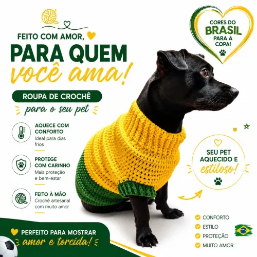 Suéter Pet Crochê Brasil | Roupa Artesanal para Cachorro e Gato