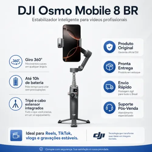 Estabilizador, DJI Osmo Mobile 8, Gimbal, 360°, Celular, NF e 1 ano de Garantia DJI