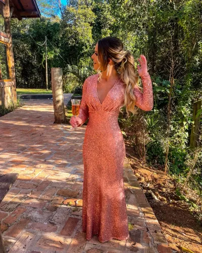 Vestido longo de micro paetê italiano Rose Gold
