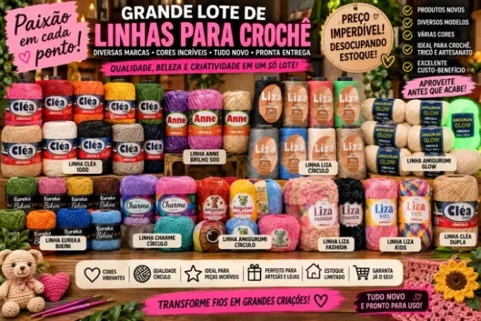 Lote Completo em Linhas para Crochê Novas - Diversas Cores, Marcas e Modelo - 3 Mil OFF