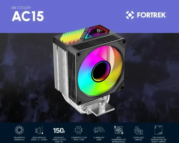 Air Cooler Argb 150w Visor de Temperatura Intel/amd - Ac15 Fortrek *ENTREGA GRÁTIS*
